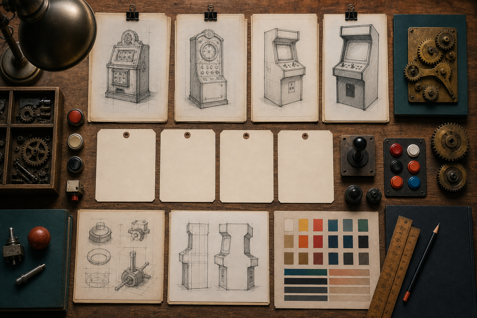 Archive desk with sketches, gears, buttons, and cabinet design materials